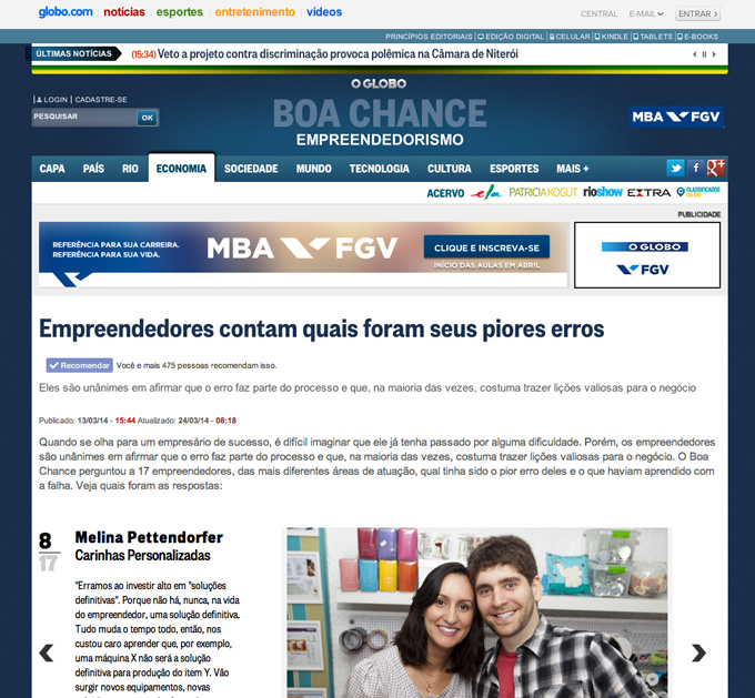 Casal Carinhas em matéria do jornal O Globo Online